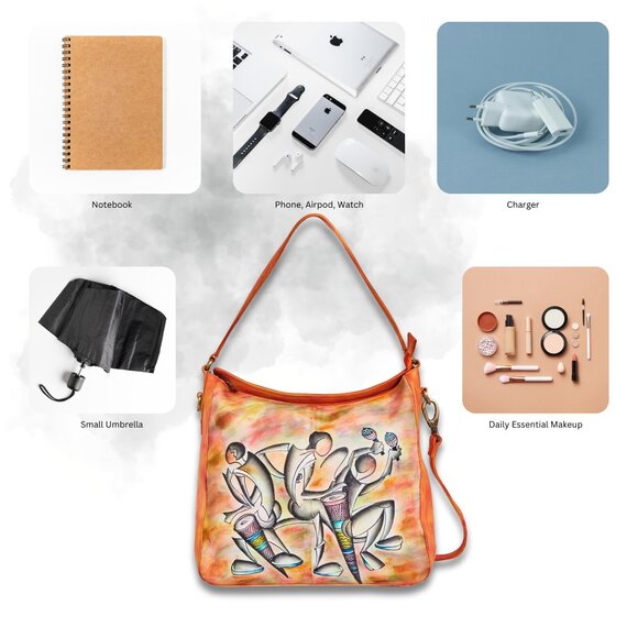 Ladies Hand-Painted Leather Orange Shoulder Tote Bag | Crossbody Sling Bag - Picture 3 of 9